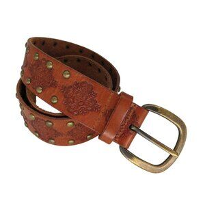 FOSSIL Women's Brown Tooled Leather Studded Belt S